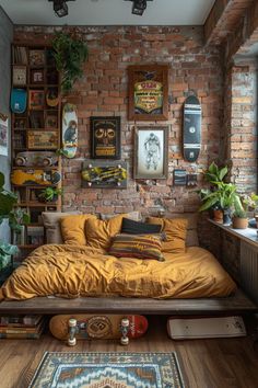 a bedroom with brick walls and lots of pictures on the wall, including skateboards