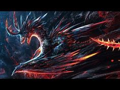 an image of a dragon with fire and flames in its mouth, on a dark background