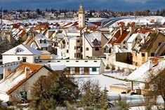 a city with lots of snow on the ground and buildings in the foreground, surrounded by trees