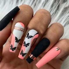 Matte Black Butterfly False Nail Long Coffin Press on Nails for Nail Art 24pcs Nails Korean, Dope Nail Designs, Butterfly Nail, Blue Spring, Luxury Nails, Black Butterfly, Coffin Nails Designs, Nails Long, Fancy Nails