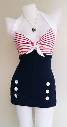 Vtg+50s+Bettie+Women+Swimsuit+in+Navy+Blue+Polka+by+beautychicshop 1950s Swimwear, Mode Rockabilly, Swimwear One Piece, Vintage Sailor, Robes Vintage, Women Swimsuit, Vintage Swimsuits, Vestidos Vintage, Cute Swimsuits