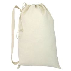 a white bag with a drawstring on the front and back sides is shown