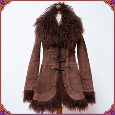 "Vintage 1970's style 100% suede leather & mongolian tibetan lamb fur jacket. Size M  ⫸ Super rare and beautiful  ❀ ⫸ Very unique style! ⫸ Condition: Beautiful pre-loved vintage condition! Without any odors. Some normal     signs of wear, really nothing noticeable while wearing. Please see the      pictures ❀ Don't hesitate to contact me if you would like to see more pictures or have any questions. ⫸ Ultra soft and cozy ⫸ Long & curly real mongolian tibetan lamb fur ⫸ Fully lined with soft faux fur ⫸ Fabric: 100% suede leather / mongolian/tibetan fur trim/ faux fur lining ⫸ Specialist Dry Clean ONLY ⫸ Ready to ship ✌ From Poland with love ˗ˏˋ ♡ ˎˊ˗ *Worldwide shipping via DHL EXPRESS/TNT (1-5 days) We've got a similar one of these magical mongolian fur coats in stock right now. Check out t Bohemian Leather Winter Outerwear, Bohemian Leather Outerwear For Winter, Bohemian Brown Fur Coat With Faux Fur Lining, Mongolian Lamb Fur Coat, Afghan Coat, Mongolian Lamb, Mongolian Fur, Penny Lane Coat, 1970s Style