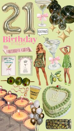 a collage of birthday items including cake, candles and decorations for a 21st birthday party