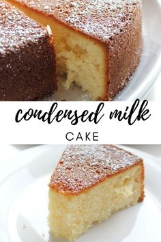 a cake that has been cut into pieces and is on a plate with the words, condensed milk cake