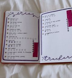 an open planner book on a bed with writing in purple and white paper, which is filled with tasks