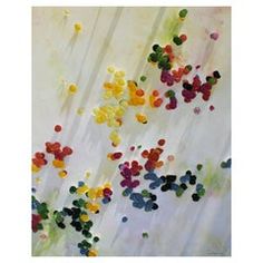 an abstract painting with multicolored flowers on white paper and water droplets floating in the air