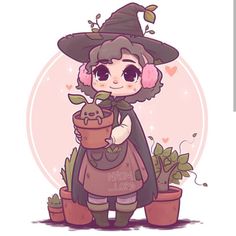 a cartoon character holding a potted plant and wearing a witches hat with the words nom