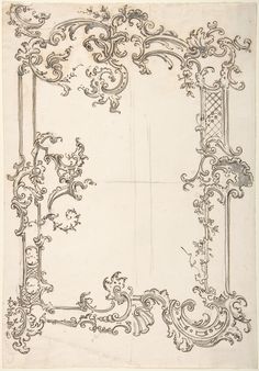 a drawing of an ornate frame with scrolls and flowers on it's sides, in black ink