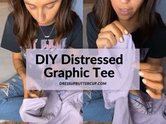 Diy Distressed Band Tee, Distressing T Shirt, Diy Concert Tshirt, T Shirt Distressing Diy, How To Distress A T Shirt, Cropping A Tshirt Diy, Distressing A T Shirt, Concert Tees Diy