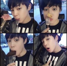 multiple pictures of a young man eating food and holding a fork in his mouth with the other hand