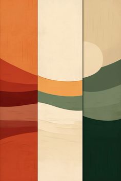 an abstract painting with different colors and shapes on it's sides, including oranges, browns, and greens