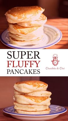 two stacks of pancakes sitting on top of each other in front of a sign that says fluffy fluffy pancakes