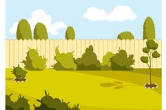 an illustration of a fenced in area with trees and bushes on the grass,