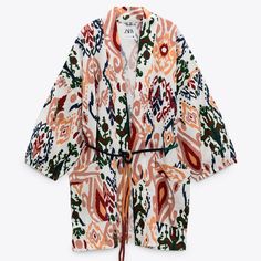 Zara Printed Kimono Nwt Size: M Front Pockets - Removable Rope Belt 50% Viscose 36% Cotton 14% Linen Zara Co Ord Set, Rhinestone Blouse, High Collar Blouse, Belt Kimono, Ethno Style, Printed Kimono, Flower Sleeve, Printed Jacket, Suede Coat