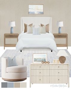 a bedroom with neutrals and blues in the colors blue, white, beige, and grey