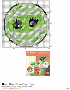 a cross stitch pattern with an image of a green ball and two faces on it