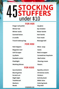 a poster with the words stocking stuff under $ 10 for her and other items