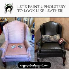 an upholstery chair is shown next to a black leather chair with a pillow on it