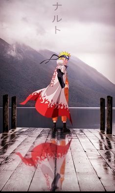 an anime character standing on a dock with mountains in the background