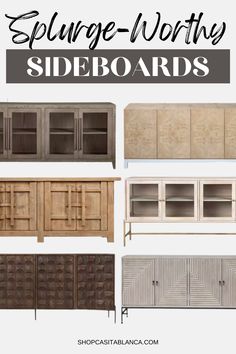 the sideboards are all different sizes and colors, with text overlaying them