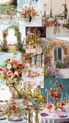 a collage of photos with flowers in vases and tables set up for an event