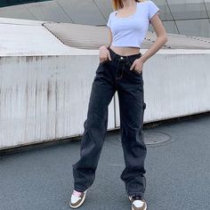 Material: Cotton Length: Full Pattern Type: Solid Pant Style: Straight Front Style: Flat Fit Type: Regular Decoration: Pockets Fabric Type: Broadcloth Closure Type: Zipper Fly Waist Type: High Gender: WOMEN Style: Y2K Clothing, Y2K Outfits, Y2K Pants Size (cm) Waist Hip Length S 60.0 96.0 107.0 M 64.0 100.0 108.0 L 68.0 104.0 109.0 Size (inch) Waist Hip Length S 23.62 37.80 42.13 M 25.20 39.37 42.52 L 26.77 40.94 42.91 Y2k Mid-rise Relaxed Fit Jeans, Grunge High-waist Relaxed Fit Jeans, Grunge High Waist Relaxed Fit Jeans, Grunge Non-stretch Straight Leg Pants, Grunge Style Non-stretch Straight Leg Pants, Grunge Straight Leg Non-stretch Pants, Non-stretch Straight Leg Grunge Pants, Non-stretch Mid-rise Cargo Jeans For Streetwear, Grunge Baggy Mid-rise Jeans