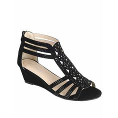 This style runs true to size Rhinestone detailing Peep Toe Low Wedge Heel Rear Zip Wedge High 2.0 Inch with 0.25 Inch Platform Size: 6.  Color: Black.  Gender: female.  Age Group: adult. Low Wedge Heel Sandals, Low Heel Wedges, Low Wedges, Wedge Heel Sandals, Party Shoes, Wedge Heels, Black Shoes, Womens Sandals, Clothing And Shoes