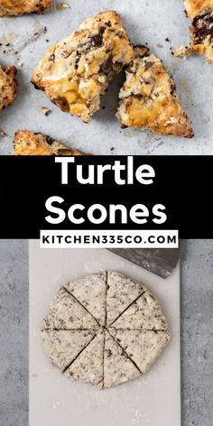 some scones are cut up and sitting on a cutting board with the words turtle scones