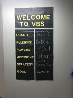 a welcome to vbs sign hangs on the wall next to a toilet in a bathroom