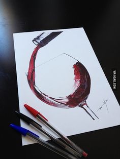 a drawing of a glass of red wine being poured into it with three markers on the paper