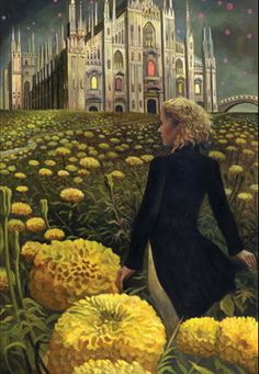 a painting of a woman standing in the middle of a field full of yellow flowers