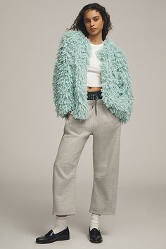 Has sweater weather ever looked (and felt) this good? This shaggy faux-fur cardigan is a cozy statement piece that adds plush, inviting texture. | Shaggy Faux-Fur Cardigan Sweater by Anthropologie in Mint, Women's, Size: XS, Polyester/Viscose/Elastane Trendy Outerwear With Soft Texture For Loungewear, Cozy Fluffy Fur Coat For Fall, Cozy Fur Coat With Faux Fur Lining, Faux Fur Cardigan, Gold Cardigan, Fur Cardigan, Hooded Cardigan Sweater, Collar Cardigan, Hooded Cardigan