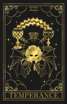 a gold and black tarot card with an image of a woman holding two goblets