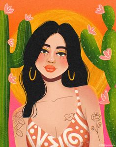 a painting of a woman in a bathing suit next to a green cactus and pink background