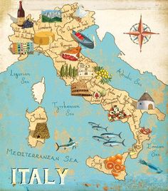 a map of italy with many different things on it