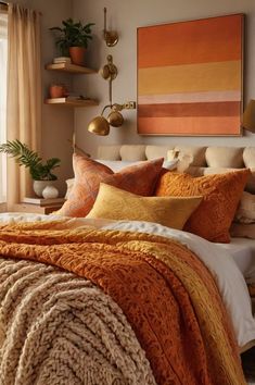 a bed with orange and yellow pillows on top of it next to a large window