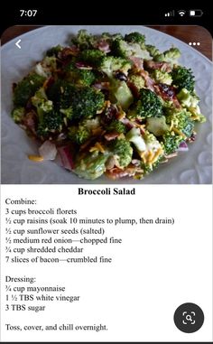 broccoli salad on a white plate with instructions