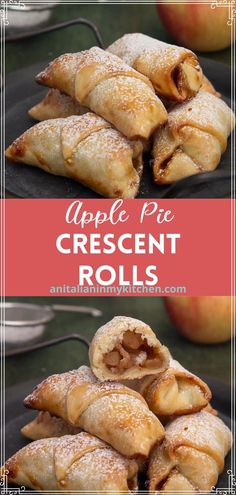 apple pie crescent rolls are stacked on top of each other and ready to be eaten