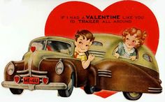 an old valentine card with two children on the back of a car and a heart