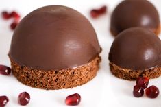 three chocolate desserts on a white plate with pomegranates around them