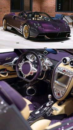 the interior and dashboard of a sports car with gold trims, purple leather upholstered