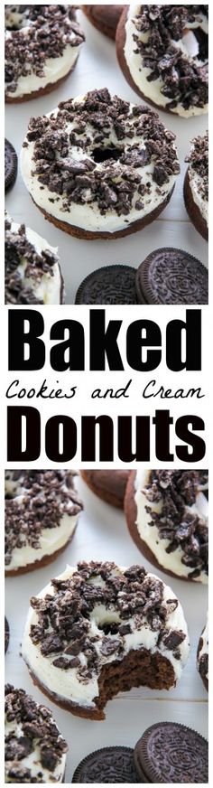 baked cookies and cream donuts with oreo crusts in the middle on a white background