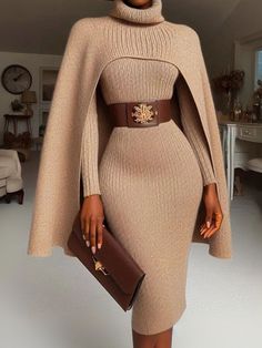 Affordable price buy Two-Piece Sets on Stylewe, SPU: 1ITWAA9E2E, Color: Khaki, Edition type:Regular Fit, Thickness:Regular. Ethereal Dramatic, Dress With Coat, Beige Outfits, Afrocentric Jewelry, Leather Midi Dress, Long Sweater Dress, Grown Women, Fabulous Clothes, Knitwear Fashion