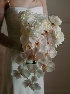 a bride holding a bouquet of flowers in her hands