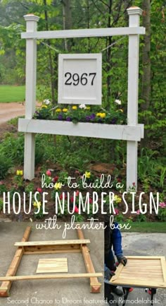 a house number sign made out of pallets and wooden boards with the words, how to build a house number sign with planters box