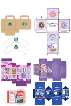 the packaging design for starbucks's donut shop is shown in purple and white