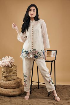 Shop for Soup by Sougat Paul Off White Handloom Net Orchid Bloom Applique Top And Pant Set for Women Online at Aza Fashions Pakistani Fashion Casual, Embroidered Belt, Embroidered Organza, Designer Dresses Casual, Top And Pants Set