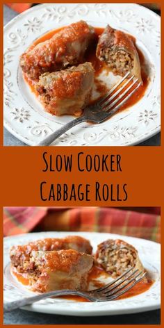 slow cooker cabbage rolls on a white plate with the words slow cooker cabbage rolls