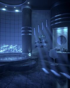 a futuristic bathroom with blue lighting and large tub in the center, surrounded by round tiles